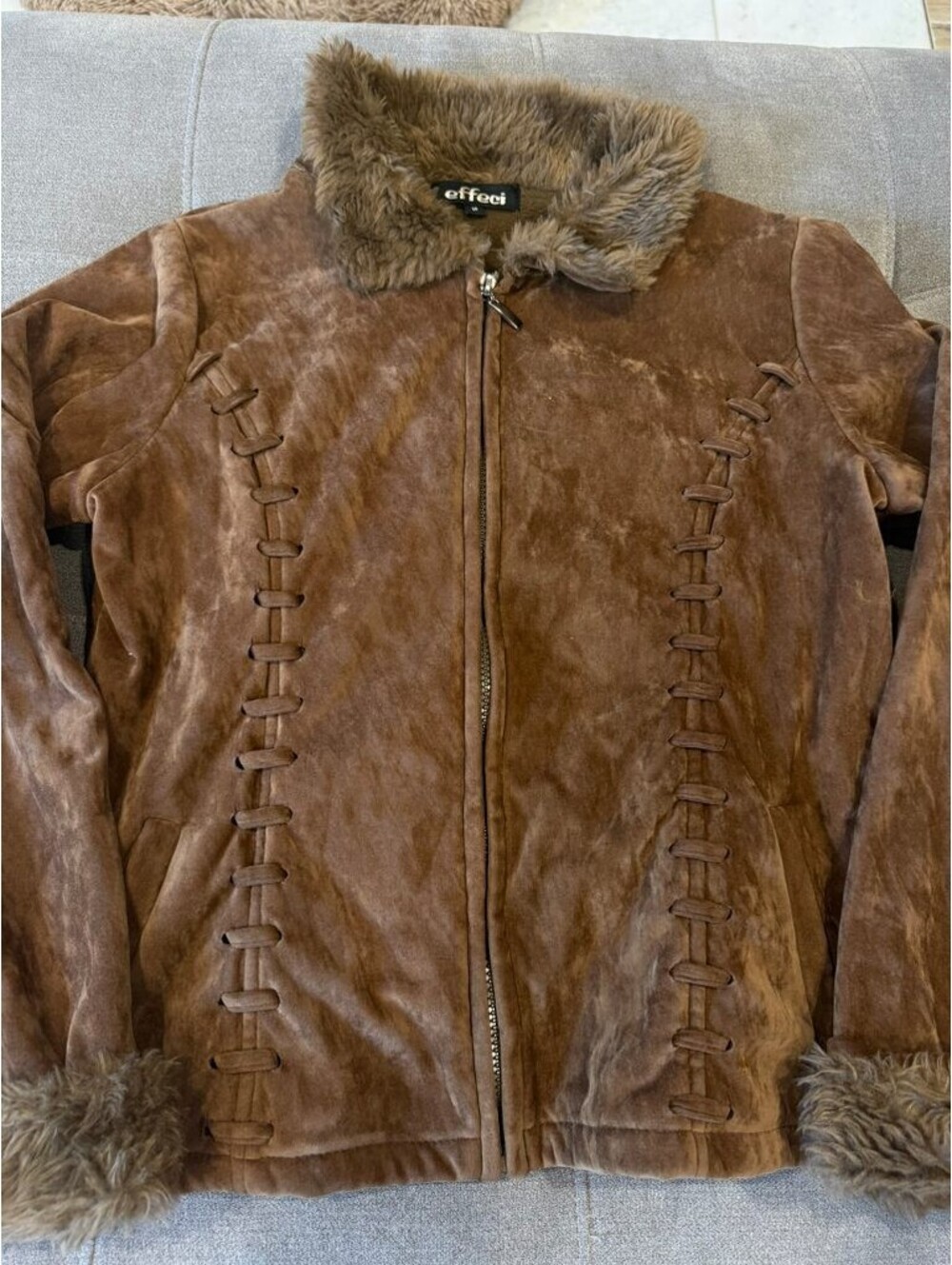 Effeci Brown Suede Leather Jacket Faux Fur Trim Y2K Boho M - Picture 4 of 7
